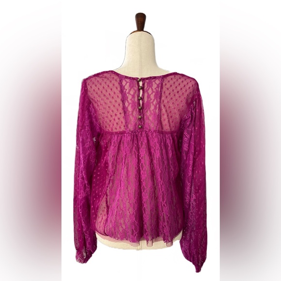 Free People A Little Love Lace Peasant Top Purple/Magenta Sheer Size Small - Picture 3 of 8